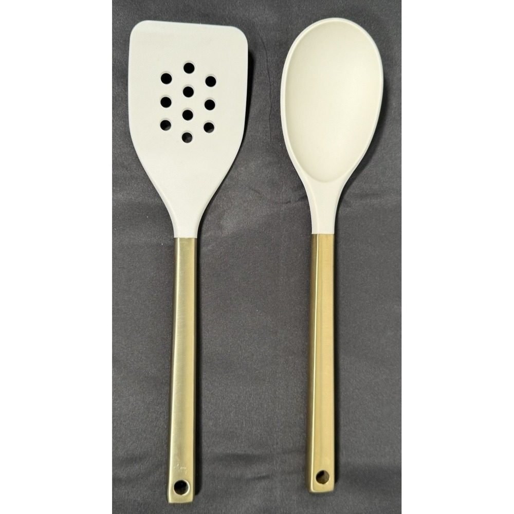 Figmint Kitchen Utensil Set 2pc Cream Gold Silicone Slotted Turner Solid Spoon